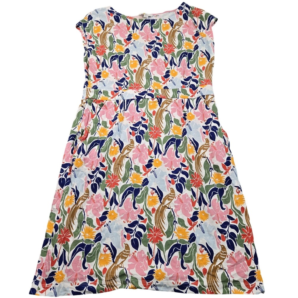 Boden Dress Womens 14 Multicolor Floral Bird Print Fit & Flare Cotton Jersey